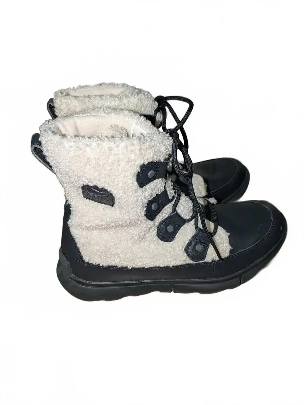 Sorel Women's 8.5 Explorer II Joan Cozy Black White Sherpa Lace-Up Winter Boots